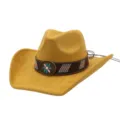 Detail view of a soft suede cowboy hat with ethnic hatband and metal buckle for fashion. - Turmeric