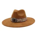 Classic brown suede fedora hat with ethnic embroidered band and vintage gemstone buckle for autumn. - 58cm / Khaki