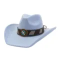 Detailed shot of light blue suede western cowboy hat with floral buckle and beaded band. - Sky Blue