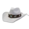 Stylish grey suede cowboy hat with ethnic boho band, wide brim jazz hat for autumn and winter. - Light Gray