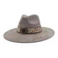 Detailed shot of grey suede wide-brim fedora hat with ethnic embroidery belt and retro buckle. - 58cm / Charcoal Grey