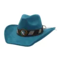 Teal soft suede cowboy hat detail, featuring a stylish ethnic beaded band and floral metal buckle. - Peacock Dark Blue