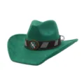 Green soft suede cowboy hat with dark brown decorative band, metal floral buckle, and bead accents. - Green