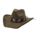 Close-up detail of brown suede western cowboy hat with ethnic beaded band and metal buckle. - Army Green