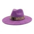 Purple suede wide brim jazz hat with embroidered band and vintage gemstone buckle for autumn and winter - 58cm / Medium Purple