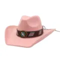 Pink suede western cowboy hat with ethnic band and vintage floral buckle detail. - Dusky Pink