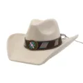 Wide brim suede cowboy hat with vintage ethnic hat band, boho style jazz hat for autumn. - Beige