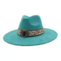 Turquoise wide brim fedora hat with ethnic embroidered band and vintage gemstone buckle. - 58cm / Peacock Light Blue