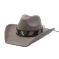 Gray suede cowboy hat featuring a western wide brim and vintage floral band for autumn - Charcoal Grey