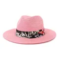 Stilvoller rosa Stroh-Fedora-Sonnenhut mit Blumenband für den Strandurlaub im Sommer. - 58cm / Wassermelonenrot