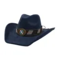 Closeup of the blue suede cowboy hat detail, showing the beaded leather band and floral concho. - Navy Blue