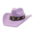 Purple suede cowboy hat wide brim western fedora with ethnic band and metal floral concho. - Light Purple
