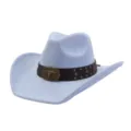 Detail view of light blue suede western cowboy hat featuring leather band and metal buckle. - Sky Blue