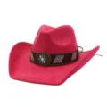 Close-up of pink suede western cowboy hat with decorative vintage concho band and beads. - Rose Red