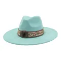 Turquoise suede fedora hat with ethnic embroidered band and vintage metal gemstone buckle. - 58cm / Mint Green