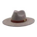 Detailed view of grey suede fedora hat featuring a stylish brown leather strap and metal decor. - M (56-58cm) / Charcoal Grey