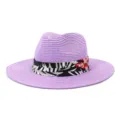 Lila Strohhut Fedora Sonnenhut mit schwarzem Blumenband für Strand Sommer Urlaub stilvoll - 58cm / Hellviolett