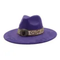Detailed view of a purple suede fedora hat with ethnic embroidered band and gemstone buckle. - 58cm / Deep purple
