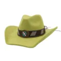 Faux suede western cowboy hat with ethnic leather band and decorative metal concho details. - Avocado Green