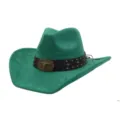 Green western cowboy hat with studded brown belt and metal bull skull buckle for adults. - Green