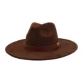 Detail view of a brown suede fedora hat with a stylish leather band and metal buckle accent. - M (56-58cm) / Coffee