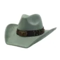 Sombrero de vaquero western de ante verde salvia con tira de cuero y hebilla de toro. - Verde Pepinillo
