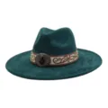 Dark green suede wide brim jazz hat with vintage embroidery band and gemstone buckle detail. - 58cm / Dark Green