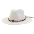 Detailed view of white straw sun hat with beaded cord, ideal for summer beach and outdoor style. - White