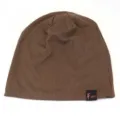 Close-up of brown ribbed knit beanie detail, showing soft texture and edge label. - Adjustable / Khaki