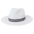 Detail van witte gewoven fedora strohoed, zomerse strandzonnehoed met klassieke gestreepte band. - Verstelbaar / Wit