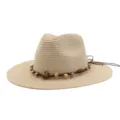 Summer straw sun hat for men and women, wide brim beach hat with beaded braided band. - Beige