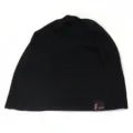 Detailed view of a plain black slouchy knit beanie hat with a small fashion tag design. - Adjustable / Black