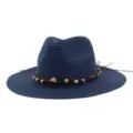 Summer blue straw hat with wooden bead decoration, wide brim sun hat for outdoor beach. - Navy Blue