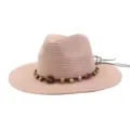 Summer straw hat for men and women, wide brim beach sun hat with bead braided band. - Pink