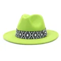 Sombrero fedora de lana verde unisex con cinta geometrica, elegante estilo de otono invierno. - 58cm / Verde Fruta