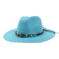 Blue straw sun hat with beaded leather cord band, wide brim summer beach hat for women. - Lake Blue