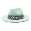 Sombrero fedora de lana verde claro con banda tejida geométrica en blanco y negro ala ancha estilo - 58cm / Verde menta