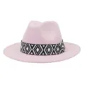 Sombrero fedora rosa para hombres y mujeres, ala ancha fieltro de lana jazz con cinta blanco y negro. - 58cm / Rosa