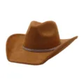 Brown suede cowboy hat detail featuring a sparkling rhinestone band and wide brim. - Khaki