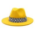 Stylish yellow wool felt fedora hat with black white woven band for autumn winter. - 58cm / Yellow