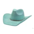 Close-up detail of soft faux suede cowboy hat featuring sparkling rhinestone decorative band - Mint Green