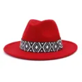Red felt fedora hat for women men wide brim jazz cap winter autumn vintage fashion hat with band - 58cm / Red