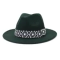 Sombrero fedora de fieltro de lana verde oscuro con banda geométrica blanco y negro moda invierno - 58cm / Verde Oscuro