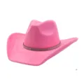 Close-up of the vibrant pink suede cowboy hat featuring a sparkling rhinestone band detail. - Barbie Pink