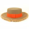 Damen Flacher Strohhut mit orangefarbenem Band und fransiger breiter Krempe Strand Sonnenschutz - M (56-58cm) / Orange