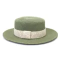 Detailed view of the green straw boater hat featuring a stylish beige woven ribbon band. - 58cm / Army Green