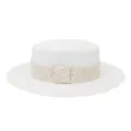 Classic white flat top straw hat with a chic woven band for summer outdoor fashion details. - 58cm / White