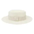 Detailed view of beige flat top straw hat with woven band, perfect summer sun protection. - 58cm / Cream
