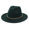 Chapeau fedora en laine vert foncé avec chaîne dorée, style britannique classique hiver. - 58cm / Vert Foncé