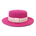 Pink flat top straw hat detail view, featuring a beige patterned woven ribbon band for summer. - 58cm / Rose Red